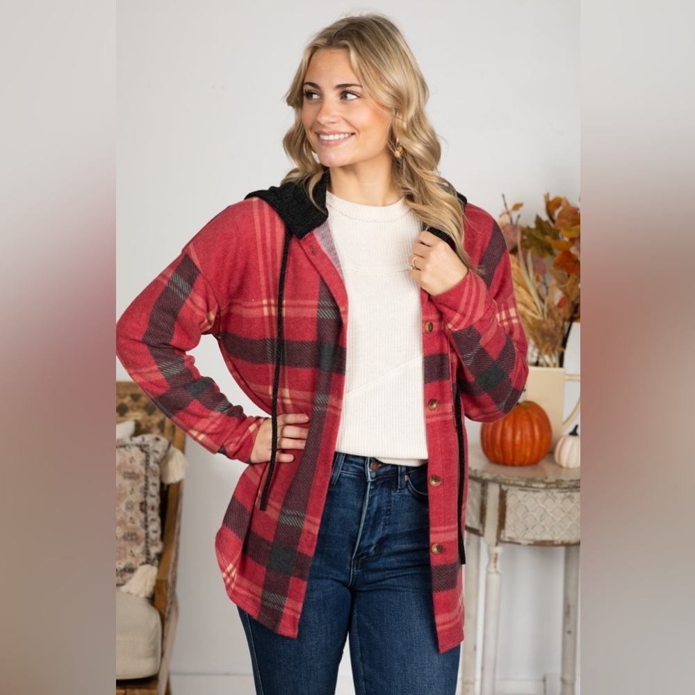 2XL 7th Ray Red and Black Plaid Cardigan Plaid Button Down Hooded Shacket
